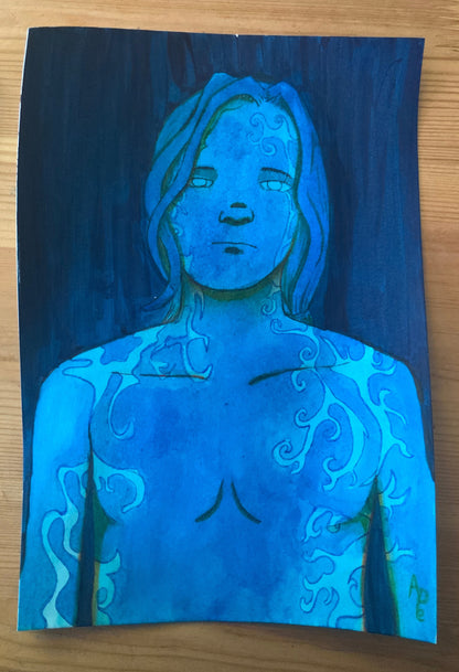 "L'esprit du bleu" peinture encre colorée au format A5 (14.8*21 cm), série "Esprits des couleurs"