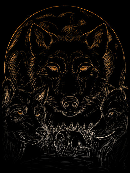 "Loups" colorée dégradé orange sur fond noir ; 30*40 (équivalent format A3) Affiche impression art