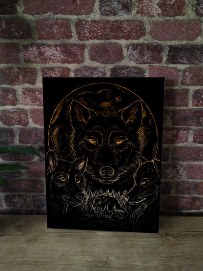 "Loups" colorée dégradé orange sur fond noir ; 30*40 (équivalent format A3) Affiche impression art