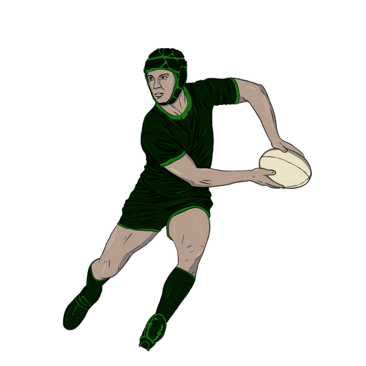 Magnet, aimant de réfrigérateur représentant un sport, elsa abadie penars, rugby masculin homme tenue vert ballon blanc en position de faire la passe