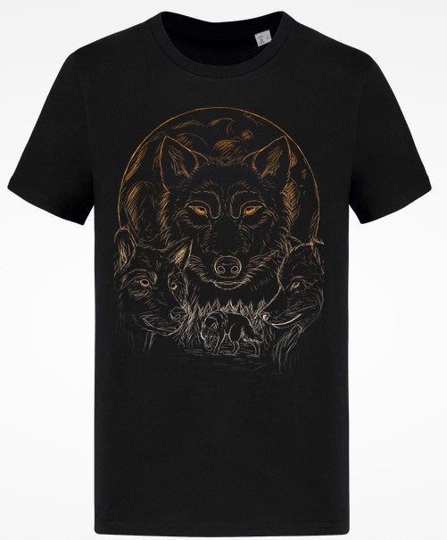 T-shirt façonné en france en coton biologique peigné noir avec comme dessin au trait imprimé dessus représentants des loups canidés